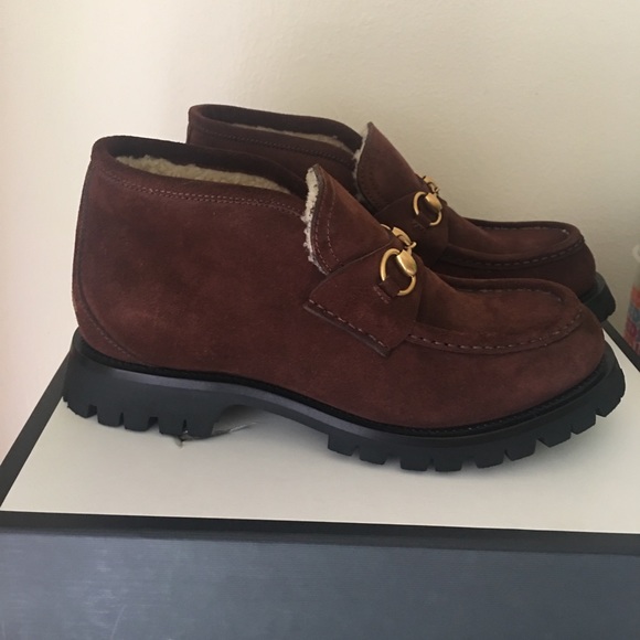 NEW GUCCI MEN'S BROWN SUEDE SHEARLING FUR HORSEBIT BOOTS/Loafer size G8/US 8.5 - Picture 7 of 9